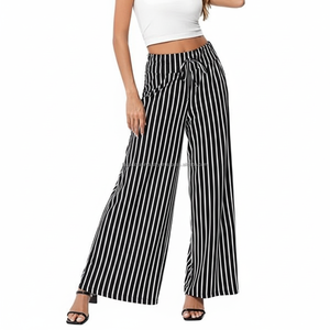 Women's <b>Palazzo</b> <b>Pants</b> Mid Waist Striped Drawstring Custom OEM Wholesale - Product Image 2