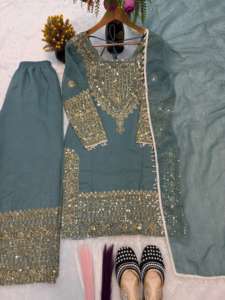 Conjunto de Kurta y Palazzo Bordado de Lujo para Uso Festivo, Kurti y Palazzo con Trabajo Manual Real, Ropa Étnica Festiva a Precio de Mayoreo - Product Image 6