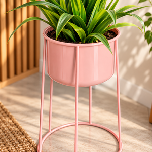 Support de plante moderne en métal rose poudré avec pot de fleurs cylindrique haut et base ronde élégante en fil métallique pour plantes d'intérieur, salon - Product Image 6