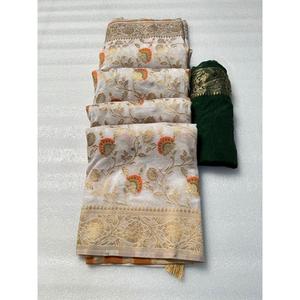 TRENDING GEORGETTE SILK MEENAKARI WORK <b>SAREE</b> and UNSTITCHED <b>BLOUSE</b> in WHITE - Product Image 1