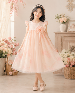 Robe de princesse florale pour filles avec manches à volants |   Robe élégante rose pour occasions spéciales - Product Image 4
