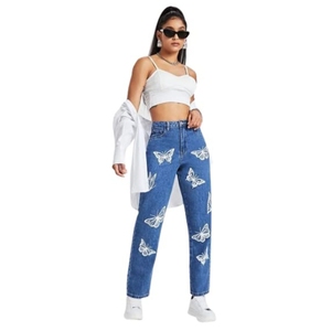 Jeans de Pierna Ancha para Mujer, Estampado de Mariposas, Jeans de Mezclilla Elásticos - Product Image 1