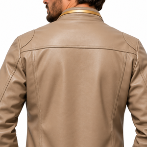 Blouson aviateur en cuir véritable beige pour homme, col montant, fermeture éclair, respirant, coupe-vent, écologique, style motard - Product Image 6