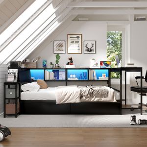 Modern Full-Size <b>Corner</b> Bed Frame with LED Light Charging Station & Bookcase 2 Underbed <b>Storage</b> Drawers Left Side - Product Image 3