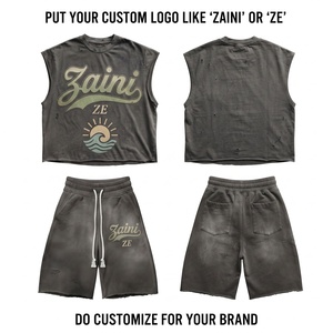 Conjunto Corto sin Mangas de 300 Gramos, Tejido Grueso de Poliéster/Algodón, Transpirable, Estilo Vintage, para Hombre, Color Carbón Lavado, para Verano - Product Image 1