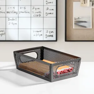Metal Storage Basket with Hand Grip for Office Laundry Bath Craft Organization Simple Style <b>Black</b> Rectangular Mesh Bin - Product Image 6