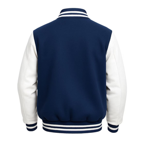 Classic Navy Blue Varsity <b>Jacket</b> With White Sleeves Full Length Zipper Turn-down Collar Women's Autumn Wear - Product Image 2
