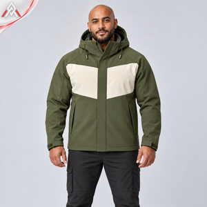 Veste softshell à capuche pour homme, couleur olive, blocs de couleurs, fermeture éclair, col montant, vêtement d'extérieur sportif pour l'automne, veste softshell premium pour homme - Product Image 4
