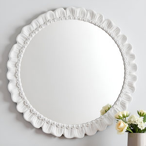 Décoration murale en bois sculpté artisanal, miroir avec cadre décoratif floral blanc en MDF, décoration de salon - Product Image 1