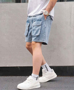 กางเกงขาสั้นเดนิมทรงเบอร์มิวดาสำหรับผู้ชายไซส์ใหญ่ สีซีดอ่อน มีกระเป๋า เอวกลาง ปิดด้วยยางยืด สไตล์ลำลอง ผ้าแคนวาส 100% ระบายอากาศได้ดี - Product Image 2