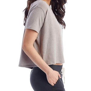 INDEX APPAREL Women's Gray Crop <b>Top</b> O-Neck Short Sleeve Loose Fit Casual Jersey T-Shirt 100% Cotton Breathable All Seasons Wear - Product Image 2