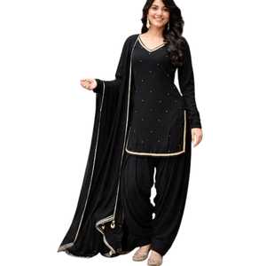Ensemble traditionnel indien et pakistanais pour femmes, en velours noir, avec broderie, coupe ample, longueur au sol, tenue décontractée. - Product Image 4