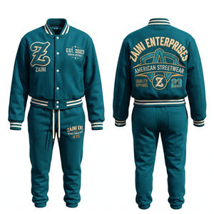 Women Varsity Tracksuit 340 GSM Premium Cotton Polyester Fleece Teal White Custom Chenille <b>Embroidery</b> Screen Print Logo - Product Image 1