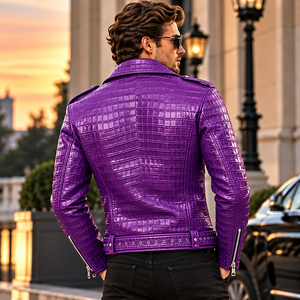 <b>Men's</b> <b>Purple</b> Genuine Leather Embossed Biker Jacket with Silk Lining Breathable Stand Collar Zipper Closure Winter Ready - Product Image 4