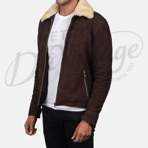 Chaqueta de Cuero de Gamuza Marrón Premium para Hombre con Cuello de Piel Crema, Corte Ajustado, Cálida para Invierno, Estilo Bomber con Cierre, Ropa Exterior Informal - Product Image 3