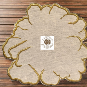 Linen cocktail napkin with golden embroidered bloom <b>edges</b>, soft petal shape adding a refined and elegant table accent. - Product Image 3
