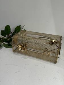 Metal Tissue Holder | Vintage Gold Metal Mesh Tissue Holder With Metal Leaves and Flowers - Product Image 2
