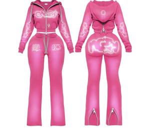 Winter Outfits Waffle Knit Zip up Fur Collar <b>Hoodie</b> Jacket and Flare Pants Women Custom Two Piece <b>Workout</b> Fitness Tracksuits Set - Product Image 3