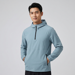 Men's Light Blue Hooded Quarter-Zip Windbreaker Jacket Quick Dry Eco-Friendly Sporty Fit Front <b>Nylon</b>/Cotton Material Autumn - Product Image 4