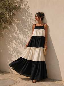 Robe longue décontractée d'été pour femme, noire et blanche, à blocs de couleur, bretelles spaghetti, coupe trapèze, style bohème, avec ourlet évasé à volants - Product Image 1