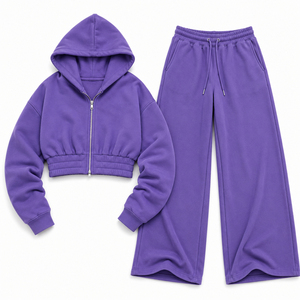 Women's Lavender Cropped Hoodie Tracksuit Wide Leg <b>Sweatpants</b> 2 Piece Set Casual Loose Fit Fleece Outfit All Seasons - Product Image 1