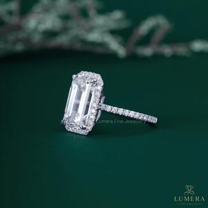 Bague de fiançailles Premium couleur E VS1 avec certificat GRA, bague halo taille émeraude sertie pavé de diamants de laboratoire, bijoux d'anniversaire et de mariage - Product Image 6