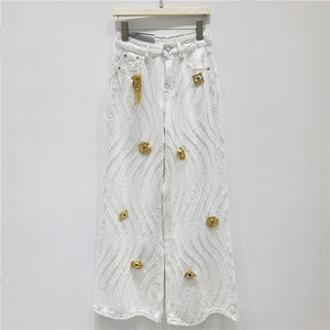 Pantalones Vaqueros de Cintura Alta y Pierna Ancha con Apliques Bordados y Decoración de Ojo Dorado, 100% Algodón para Mujer, Estilo Casual de Verano - Product Image 2
