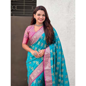 Sari en soie douce bleu ciel Elite Weaves, tissé en zari, ikkat patola, avec des tissages contrastés, robes de soirée élégantes, 600g - Product Image 5