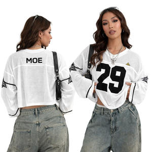 Pull en maille tendance pour femme, design personnalisé avec logo, style chemise en crochet, imprimé à rayures numérotées, coupe oversize, en jersey, vente en gros - Product Image 3