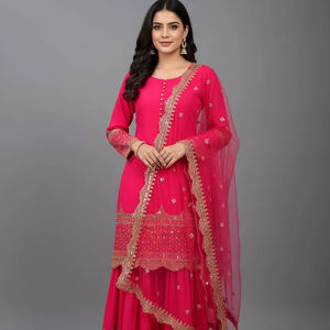 Conjunto de traje Sharara festivo para mujer con top con lentejuelas de 5 mm, Sharara con vuelo y Dupatta de red, listo para usar - Product Image 1