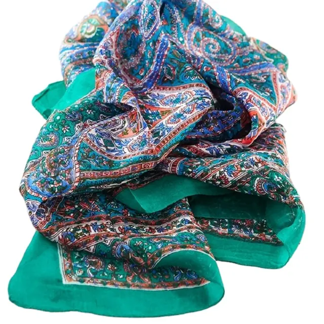 Wholesale Woman Stoles INDIAN SILK SCARF SQUARE GREEN AND BLUE sale Ladies Silk Scarves