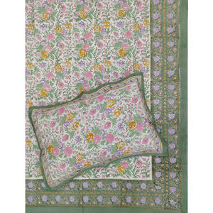 Drap plat géométrique en coton 200TC, imprimé à la main, double, blanc et vert Jaal, respirant, pour la maison, l'hôtel et usage élégant - Product Image 1