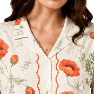 Camisa Blanca con Estampado Floral Naranja para Mujer, Manga Corta, Cierre de Botones, Blusa Casual de Verano de Algodón con Cuello, Tops de Moda Personalizados OEM - Product Image 5