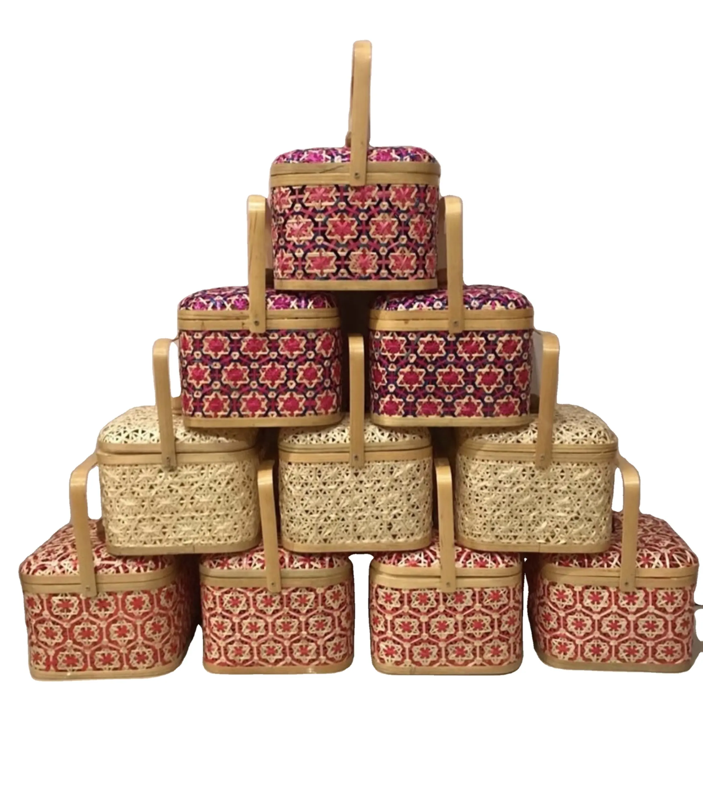 Бамбуковая корзина с цветочным рисунком и ручкой, красивая бамбуковая корзина для пикника, тканая бамбуковая Подарочная коробка, корзина для хранения