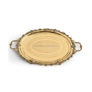 Bandeja de Servicio de Latón de 16 Pulgadas con Relieve y Asa, Estilo Mughal Maharaja, Vajilla Tradicional Elegante para el Hogar - Product Image 2