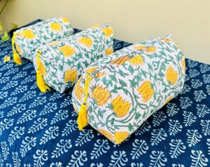 Handmade Large Cotton Zipper Toiletry Bag for Women Floral Quilted Block Print Cosmetic <b>Case</b> Travel Makeup Pouch - Product Image 1