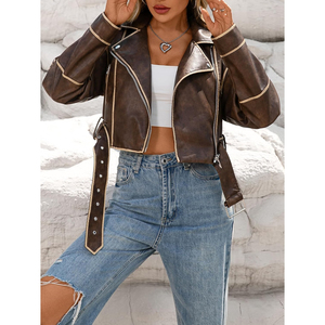 Women <b>Long</b> Sleeve Outerwears Cropped Bomber Jacket Faux Leather Autumn Winter Vintage Short <b>Coats</b> - Product Image 3