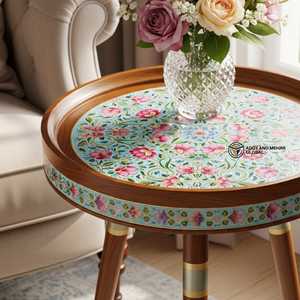 Floral Meena Wooden <b>Stool</b> Handcrafted <b>Round</b> Decorative Accent <b>Stool</b> with Traditional Hand Painted Design - Product Image 2