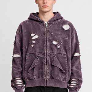 Sudadera con capucha y cremallera personalizada para hombre, estilo oversize, de algodón lavado a la piedra, felpa francesa, diseño de estrellas con pedrería, estilo otoñal - Product Image 4