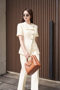 Women's Elegant for Two Piece Suit <b>Set</b> Short Sleeve <b>Blazer</b> Flared Pants Solid Color O-Neck Regular Fit Button Anti-Pilling PANSY - Product Image 3