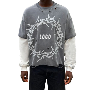 Camiseta Oversize Gris de Manga Corta para Hombre con Estampado de Corona de Espinas y Contraste Blanco, Estilo Urbano con Capa de Manga Larga, Jersey de Cuello Redondo - Product Image 5