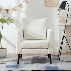 Sillón de Tela Teddy con Cojín Lumbar, Diseño de Barril, Patas de Madera Maciza, Reposabrazos Acolchados, para Club, Bar o Sala de Estar - Product Image 1