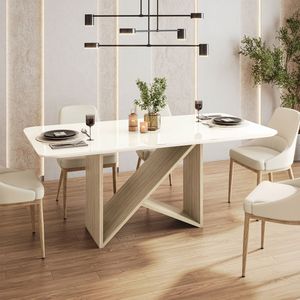 Tavolo da pranzo a 6 posti in stile italiano con elegante Base in legno e rovere naturale con piano in vetro verniciato - Product Image 1