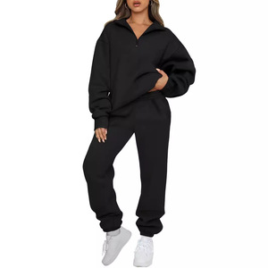 Women's Oversized Black Knitted Sweatshirt Set <b>Drop</b>-Shoulder Full Sleeve <b>Stand</b> Collar Zipper Joggers Autumn Wear - Product Image 1