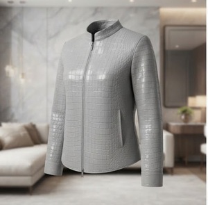 Blouson Moto Femme en Cuir PU Gris Gaufré Crocodile, Col Montant, Manches Longues, Longueur Standard, Fermeture Éclair, Automne - Product Image 3