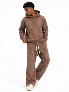 Custom Acid Wash Rhinestone Tracksuit <b>Set</b> Pullover Hoodie Wide Leg Pants Streetwear Style Sparkle Embellished 100% Cotton OEM - Product Image 4