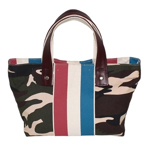 Asa de cuero genuino con interior 12 OZ Lona natural Rayas impresas Forrado Poly Viscosa Mezcla Camflauge Imprimir Tela Tote Bag - Product Image 1
