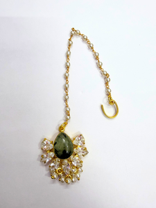 Natural Prehnite Crystals Zircon Pearls Statement Handmade 18K <b>Gold</b> Plated Designer Necklace <b>Set</b> with Dangling Earring Maangtika - Product Image 5