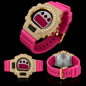 Vibrant Luxury Hip Hop <b>Digital</b> <b>Watch</b> Iced Gold Tone Bezel Stainless Steel Pink Strap Sapphire Crystal Sparkling Stones Quartz - Product Image 6