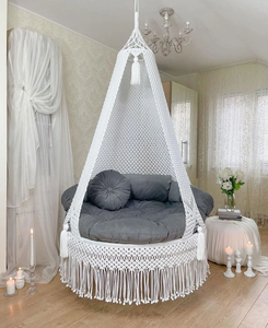 White and <b>Grey</b> Macramé Hammock Chair Hanging Bed Indoor Rope Woven Lounge Seat with Cushion for Bedroom Living Room (72"X40") - Product Image 1